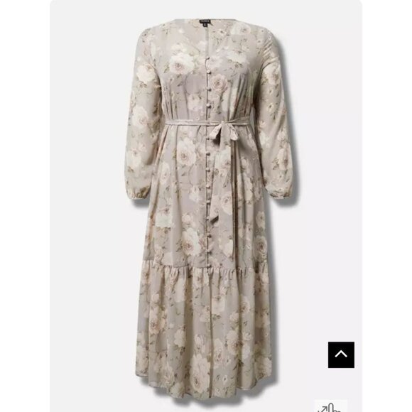 Torrid Maxi Dress Floral Long Sleeve 1X Gray Beige Tiered Chiffon Lined Boho NEW - Picture 7 of 12